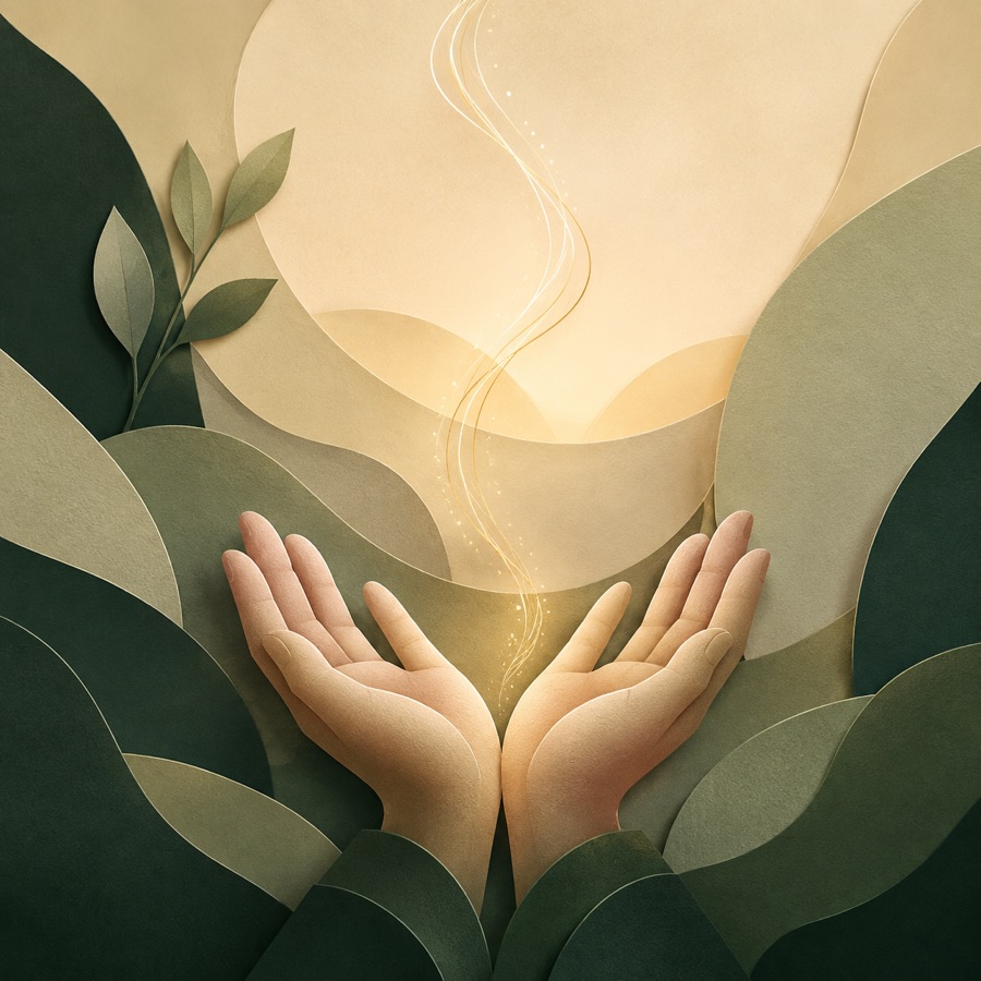 Paper-cut illustration of open hands raised in warm light