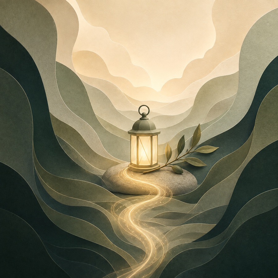 Paper-cut illustration of a lantern lighting a winding path
