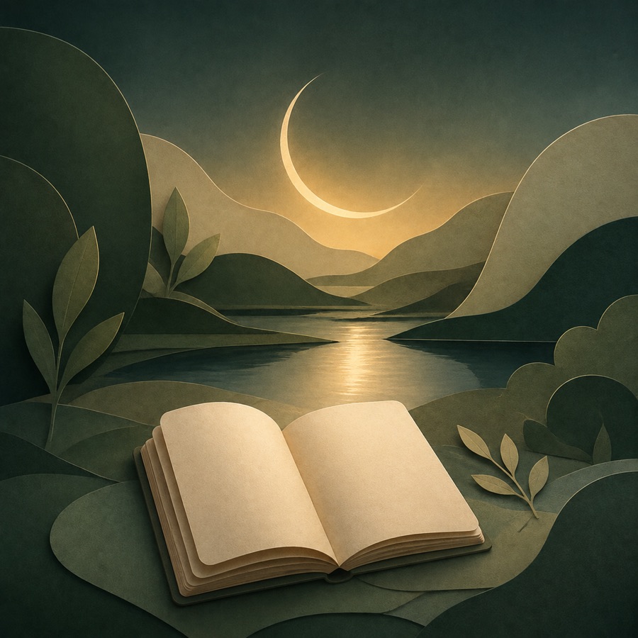 Paper-cut illustration of an open book beneath a crescent moon