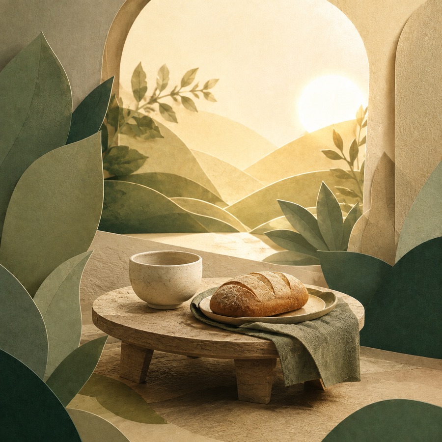 Paper-cut illustration of bread and a cup on a small table