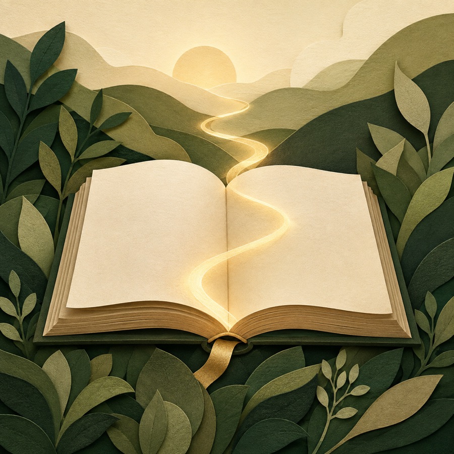 Paper-cut illustration of an open Bible among leaves
