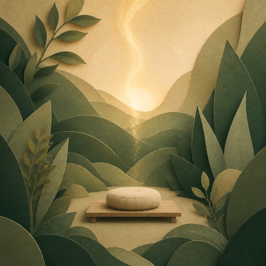 Paper-cut illustration of a quiet seat in a green valley